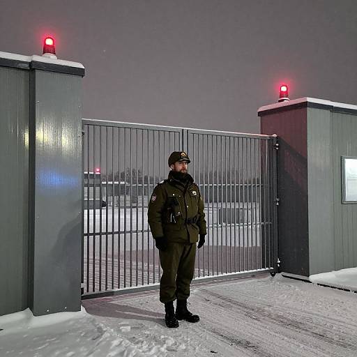 Lone Winter Guard at High-Security Gate