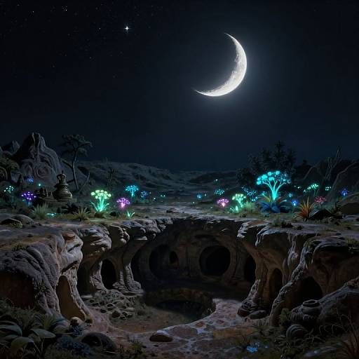 Digital artwork of a mystical night scene with a glowing crescent moon, bioluminescent flowers, and rocky terrain, illuminated by vibrant blue and purple