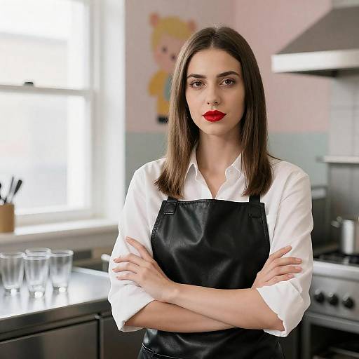 Confident Woman in Kitchen Wearing Black Leather Apron