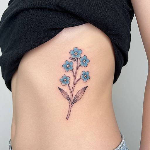 Photograph of a light-skinned person's bare midsection with a blue and brown ink tattoo of a flower with five petals. Black shirt lifted,