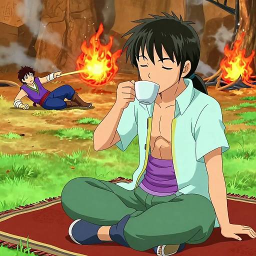 Anime-style drawing of a black-haired, shirtless man with green pants, sipping tea, while another character sets fire to the background.
