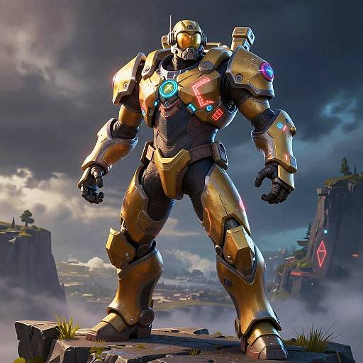 CGI image of a golden, futuristic, humanoid robot with glowing blue and red lights, standing on a rocky ledge under a stormy sky.