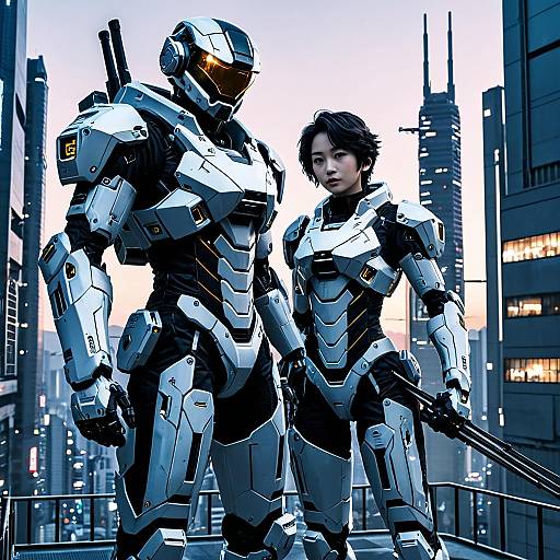 Futuristic Exo-Suit Operators in Cityscape