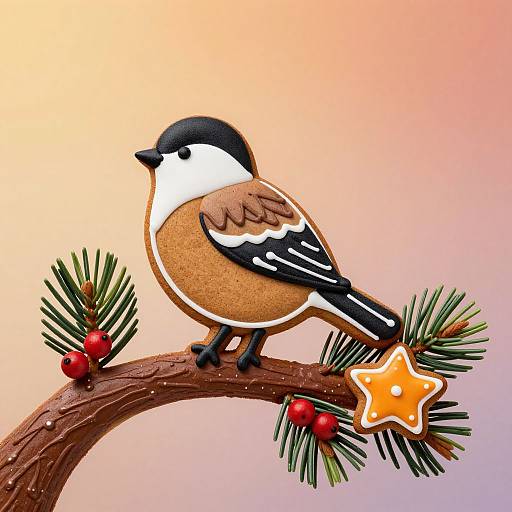 Colorful digital illustration of a black-capped chickadee with a white face, brown back, and orange belly, perched on a pine branch