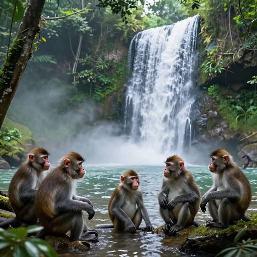 Monkeys Gathering by Tropical Waterfall