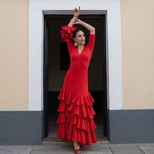 Photograph of a dark-haired woman in a vibrant red ruffled dress, standing in a doorway, arms raised, wearing red shoes.
