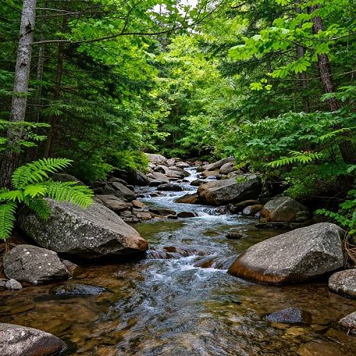 Photograph of a serene forest creek, flowing over large, smooth rocks surrounded by lush green ferns and dense trees.