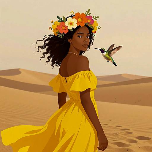 Woman in Yellow Dress with Floral Crown and Hummingbird in Desert