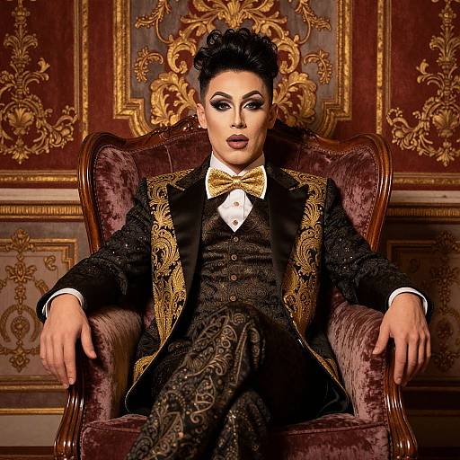 Elegant, dark-haired man in ornate black and gold suit, white bow tie, seated on velvet chair in opulent, gold-accented