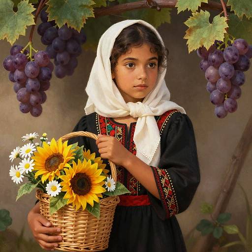 Digital painting of a young girl with curly brown hair, wearing a white headscarf and black dress with red embroidery, holding a basket of sunflowers