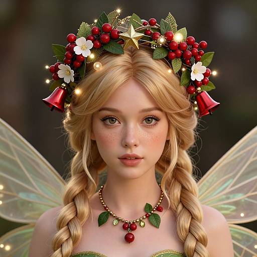 Digital artwork of a fair-skinned, blonde fairy girl with braided hair, wearing a floral crown, red berries, golden star, and transparent wings