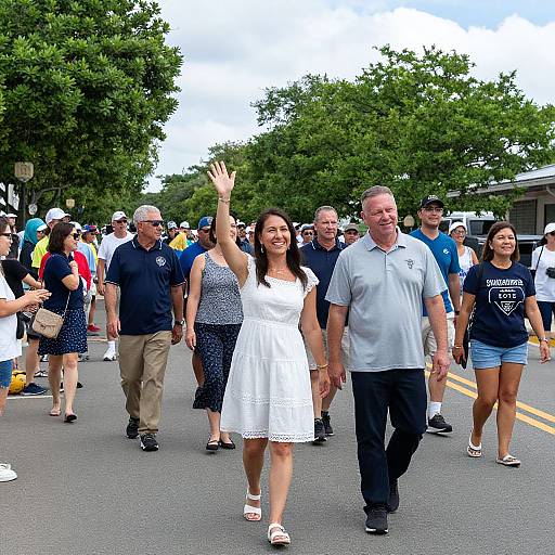 Photograph of diverse group walking on street, central Asian woman in white dress waving, older man in light shirt beside her, green trees and buildings in
