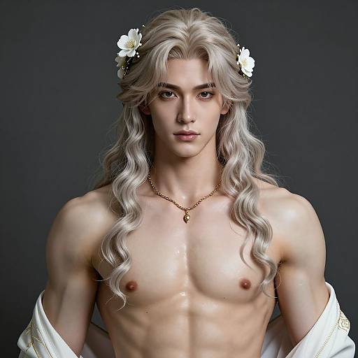 Photorealistic digital artwork of a muscular, shirtless young man with long, wavy white hair, white flowers, and a golden necklace against a