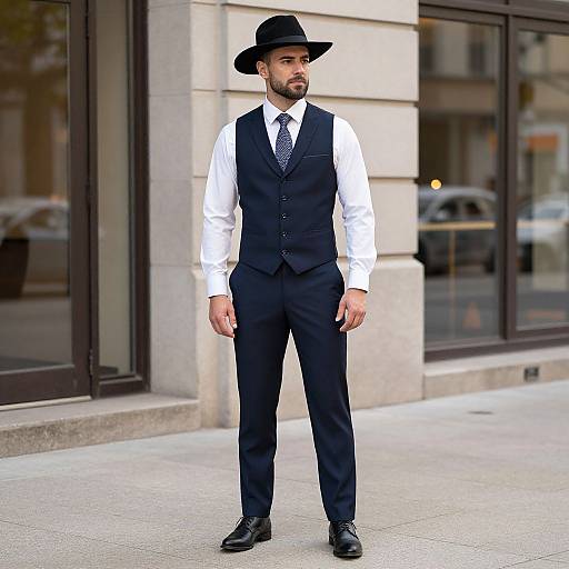 Photograph of a bearded man in black vest, white shirt, tie, and black pants, wearing a black bowler hat, standing confidently on