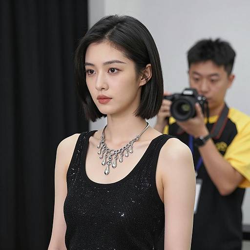 Portrait of Woman with Silver Necklace and Photographer in Background