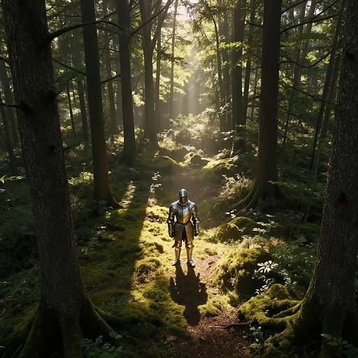 Photograph of a lone armored figure with a helmet standing in a sunlit, dense forest, sunlight filtering through tall trees.