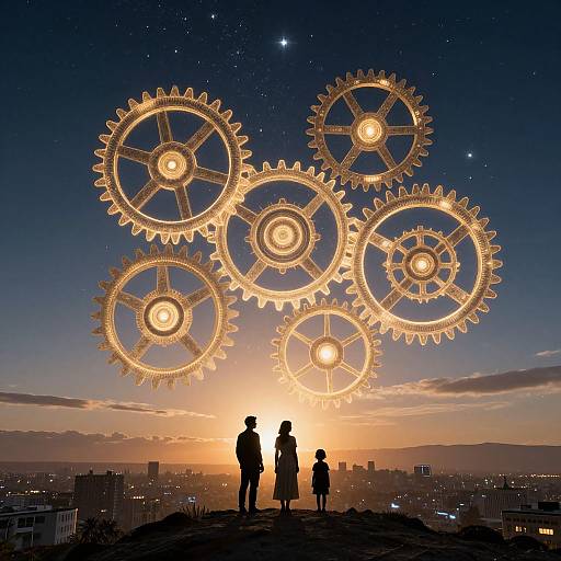 Silhouette of an adult and child standing on rooftop at sunset, gazing at glowing, large gear-shaped lights in starry sky. Cityscape in