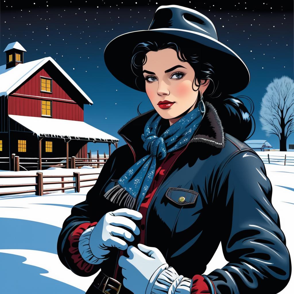 Dramatic Cowboy Woman on Snowy Farm