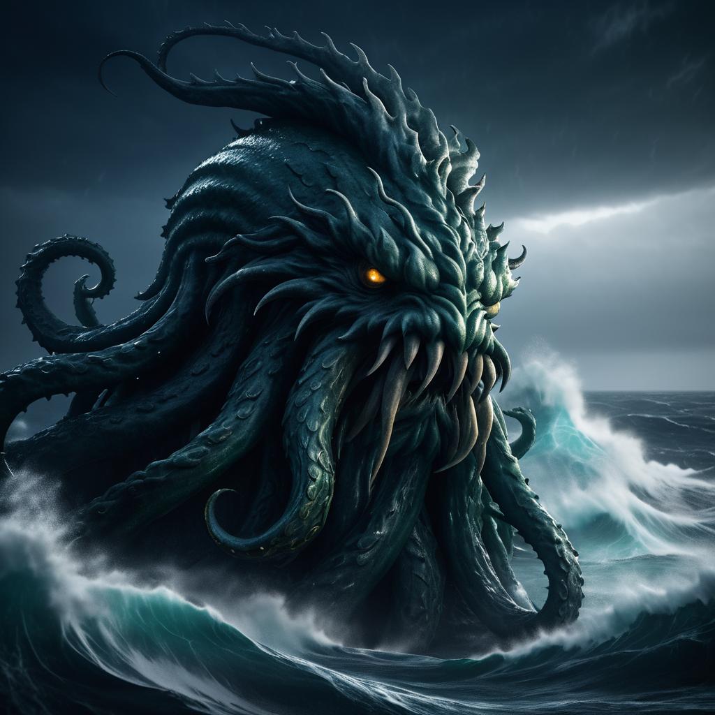 Epic Kraken Portrait in Stormy Ocean