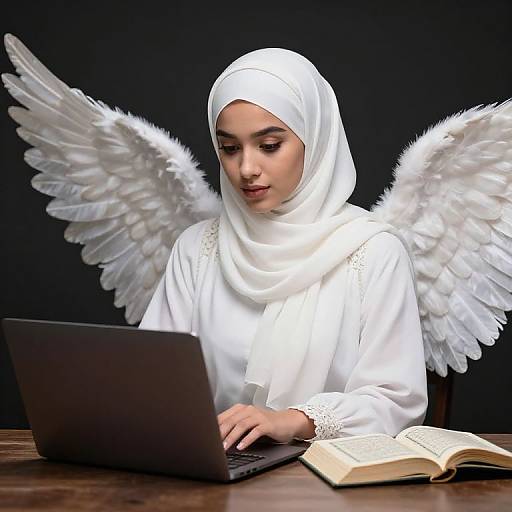 Photograph of a young woman with white hijab and angel wings, typing on a laptop, with an open book beside her. Dark background.