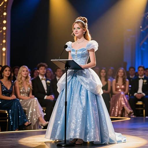 Photograph of a young girl with fair skin and red hair, wearing a blue satin Cinderella-style ball gown, standing at a microphone on stage with