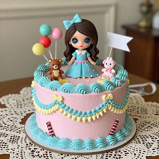 Photograph of a pastel pink and blue birthday cake with fondant girl figure, teddy bear, balloons, and flag topper on lace table