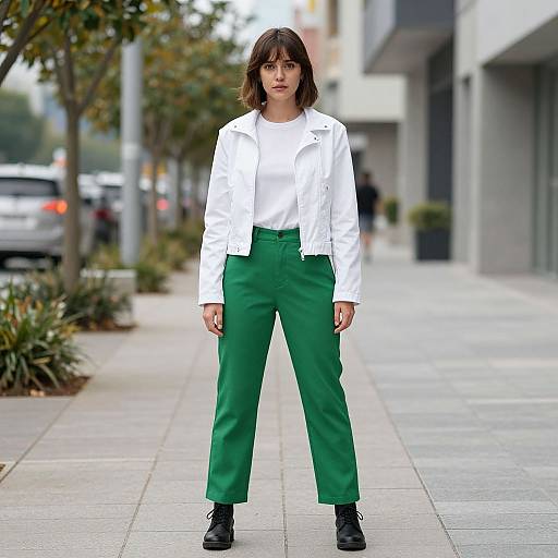 Photograph of a young woman with shoulder-length brown hair, wearing a white jacket, green high-waisted pants, and black boots, standing on