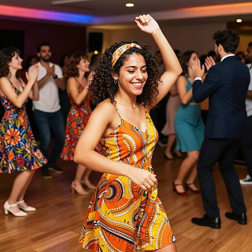 Photograph of a smiling Black woman with curly hair, wearing an orange, patterned dress and headband, dancing joyfully in a dimly lit