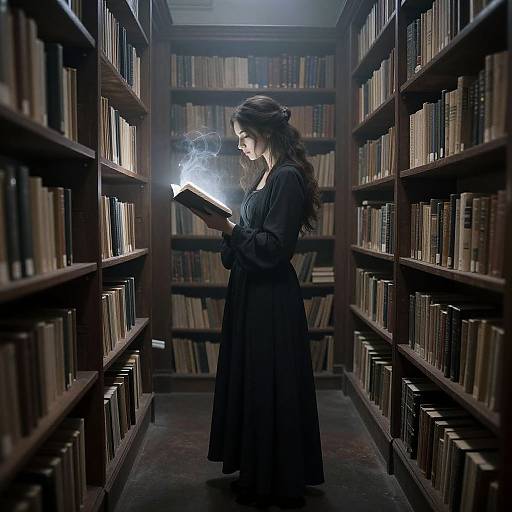 Photograph of a mysterious woman in a long black dress, holding a glowing book, standing in a dimly lit, narrow library aisle with tall wooden