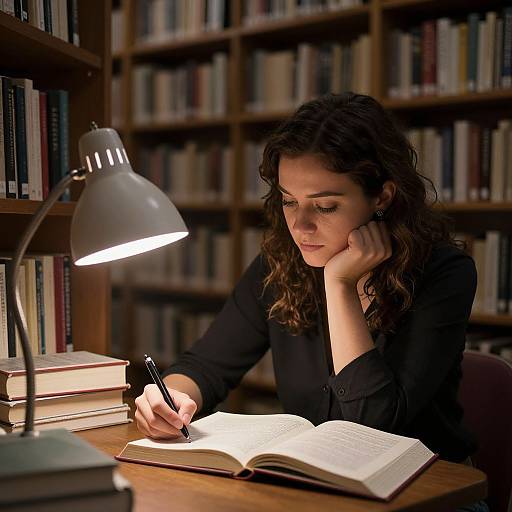 Photograph of a curly-haired woman in black, writing in an open book under a white desk lamp, surrounded by bookshelves.