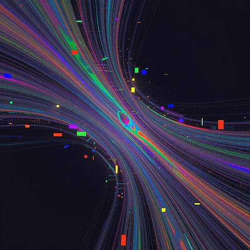 Abstract digital art: colorful, neon light trails intersecting in a dark background with scattered, multicolored rectangular blocks.