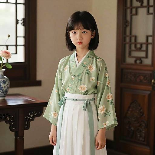 Photograph of an East Asian girl with straight black hair, wearing a green floral kimono and white hakama, standing in a traditional wooden room with