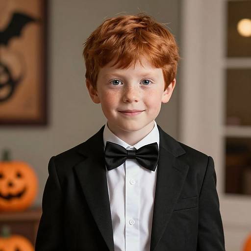 Photograph of a young boy with red hair, fair skin, and blue eyes, wearing a black tuxedo with bow tie, smiling, surrounded
