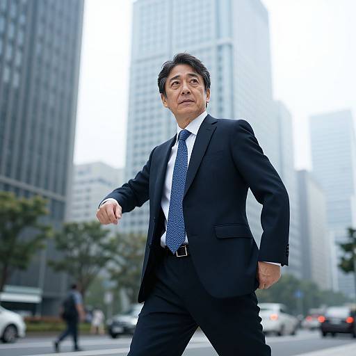 Photograph of an Asian man in a black suit and blue polka-dot tie, confidently walking in a busy urban city street with tall, modern skys