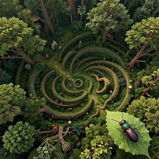 Aerial view of a spiral maze in a lush forest, featuring winding paths, mushrooms, and a colorful beetle on a large green leaf. Detailed,