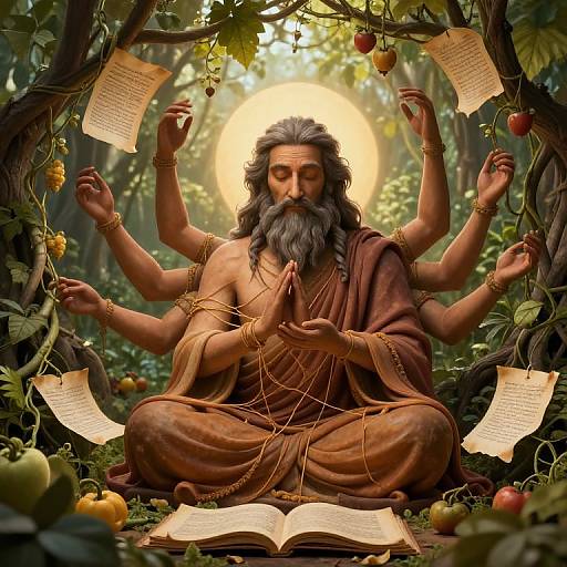 Digital painting of a multi-armed, bearded, brown-robed deity with a halo, meditating in a forest, surrounded by apples and scrolls