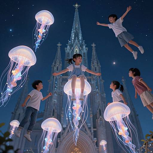 Photograph of five Asian children floating among glowing jellyfish in front of a night-lit, detailed cathedral with a starry sky.