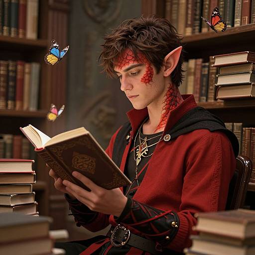 Fantasy elf reading book in dimly lit library, red face paint, black and red cloak, surrounded by floating butterflies, books stacked. Digital art