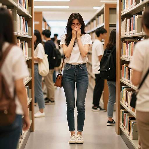 Embarrassed Asian Girl in Crowded Library