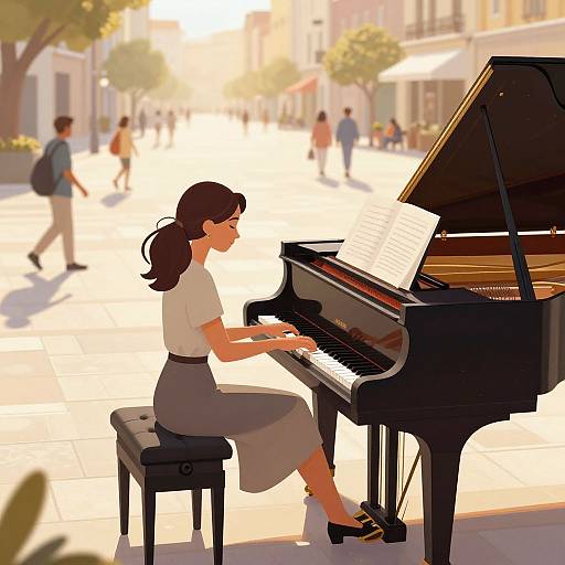 Digital illustration of a brunette woman in a white top and gray skirt playing a grand piano on a sunlit, bustling street.