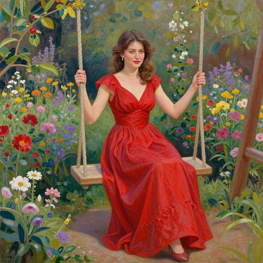 A vibrant digital painting of a smiling woman with curly brown hair in a red dress, sitting on a wooden swing in a colorful, flower-filled garden.
