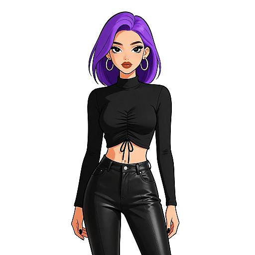Digital anime-style drawing of a confident woman with purple hair, black long-sleeve crop top, and high-waisted black jeans, wearing hoop