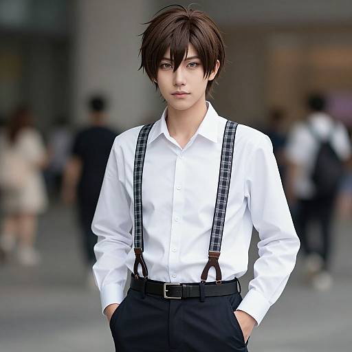 Young man with messy brown hair, wearing white shirt, black suspenders, and black pants, hands in pockets, standing in a blurred urban street background