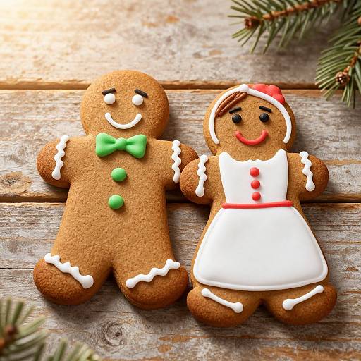 Photograph of two gingerbread cookies: one male with green bowtie and white icing, one female with red hat and white dress, on rustic wooden