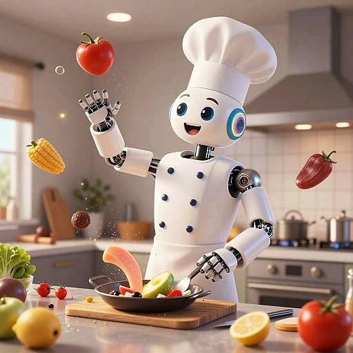  CGI image of a cheerful robot chef in a white uniform, levitating vegetables with one hand, cooking on a kitchen island.