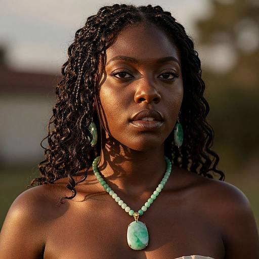 Photograph of a topless African woman with dark skin, curly black hair, wearing green bead necklace and matching earrings, with a green gemstone pendant