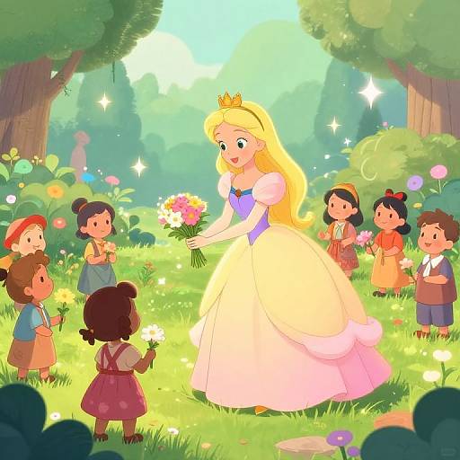 Whimsical Cartoon Princess Giving Flowers