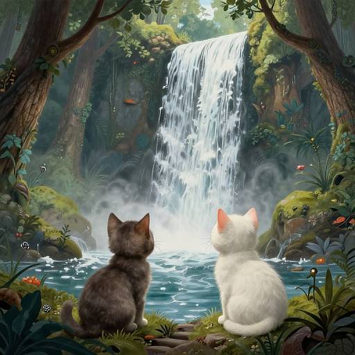 Digital painting of two cats, one brown and one white, watching a cascading waterfall in a lush, forested, enchanted garden.