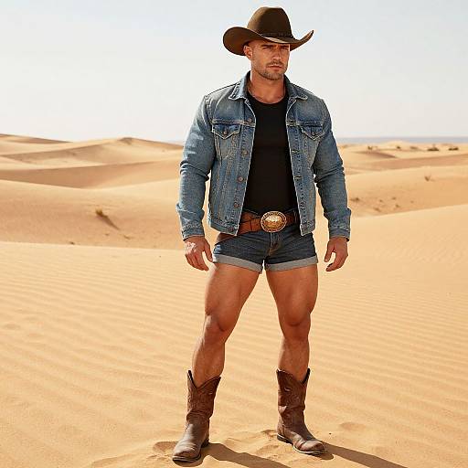 Photograph of a muscular man in a black cowboy hat, denim jacket, black t-shirt, denim shorts, brown boots, standing in a sunny desert