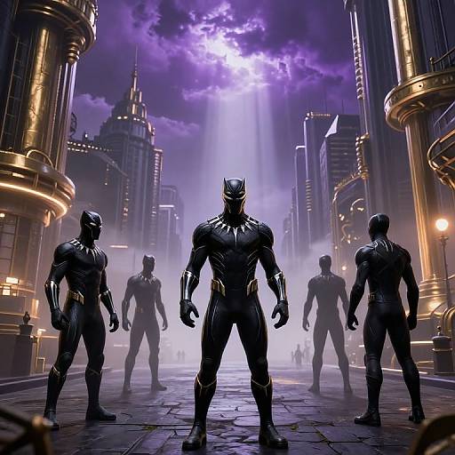 Digital artwork of five muscular, black-suited, masked superheroes standing in a futuristic, neon-lit city street under a purple moonlit sky.